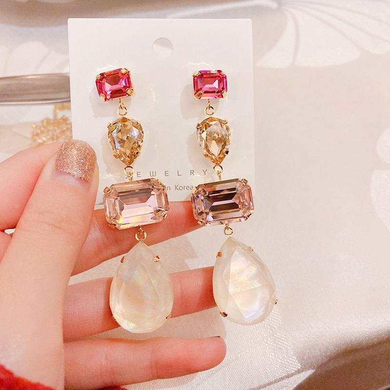 MENGJIQIAO Neue Luxus Platz Wasser Tropfen Bunte Kristall Erklärung Baumeln Ohrringe Für Frauen Partei Brincos Schmuck