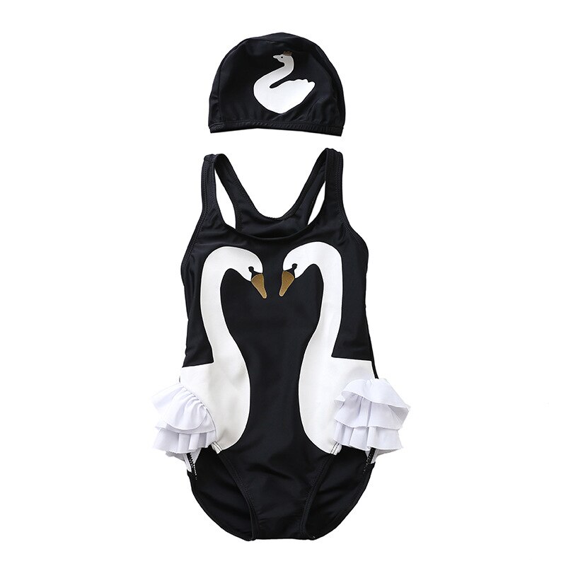 Vikionfly Kinderen Dier Badmode Meisjes Badpak Een Stuk Ruche Eenhoorn Badpak Strand Zwembad Zwemmen Pak Met Cap: A04 Black / 85cm to 95cm