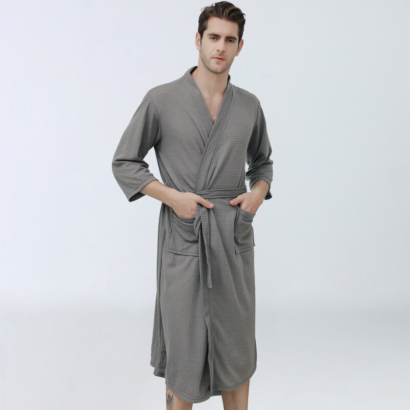 Mannen Nachtkleding Mannen Nightgowns Kimono Robe Katoenen Badjassen Homewear Pijama Lange Mouwen Robe Peignoir Homme: grey / L