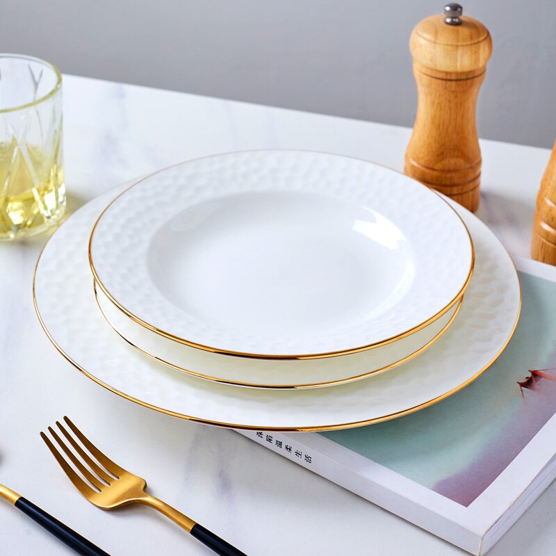 Ceramic Flat Steak pasta Plate Round Dinner Plates Bone China White Tableware with Golden Rim Home Western High-end Dinner Plate