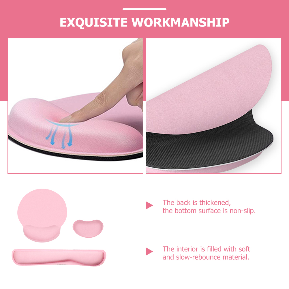 Mouse Pad for Laptop Three Piece Set Ergonomic Keyboard Wrist Rest Base Support Pink with