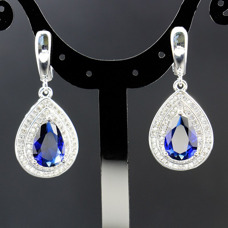 Huisept Mode Zilveren 925 Sieraden Set Waterdruppel Sapphire Edelstenen Zirkoon Ring Oorbellen Ketting Armband Voor Vrouwelijke Bruiloft