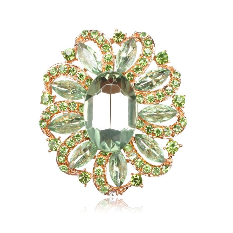 Fabriek Directe Verkoop Klassieke Kristallen Steentjes en Grote Ovale Acryl Bloem Broche Pins voor Vrouwen in Diverse Kleuren: GREEN GOLD