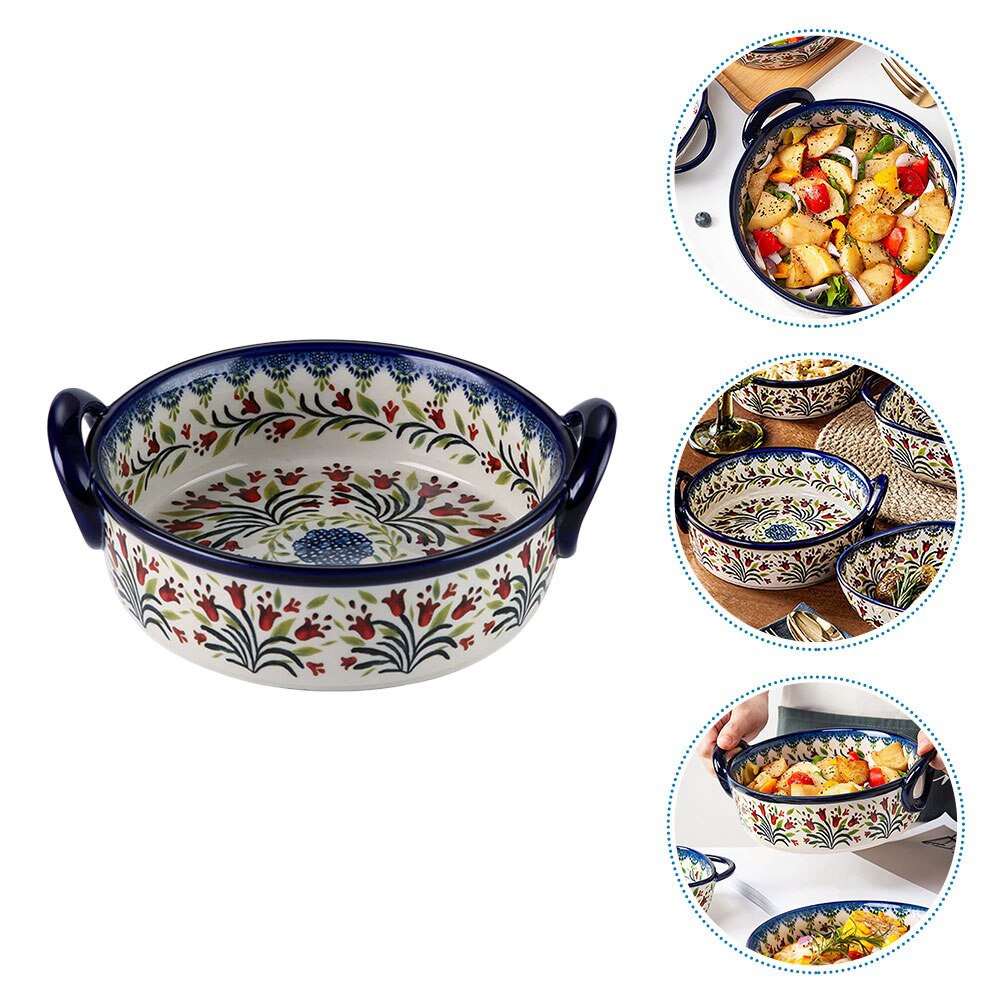 Baked Rice Serving Bowl Double Handle Ceramic Bakeware Condiment Mixing Bowl