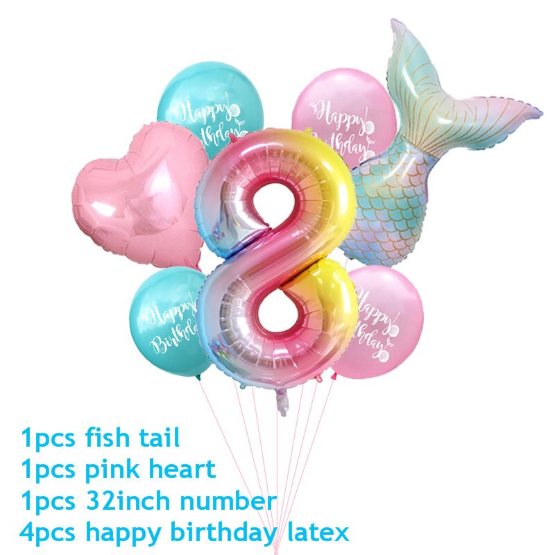 7pcs/lot Mermaid Party Balloons Number Foil Balloon Kids Birthday Party Decorations Baby Shower Decor Helium Globos supplies: 8