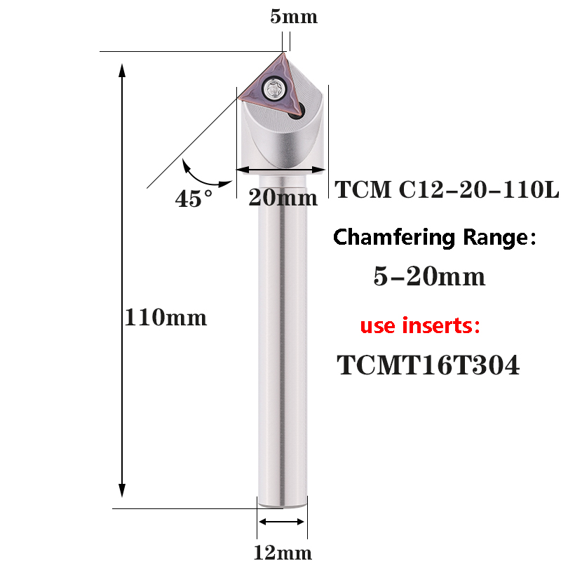 LIHAOPING TCM herramienta de chaflán de 45 grados 12 16 20 mm C20-40-120 torno CNC fresa de acero de tungsteno TCMT fresa de extremo de inserción de carburo: 35mm