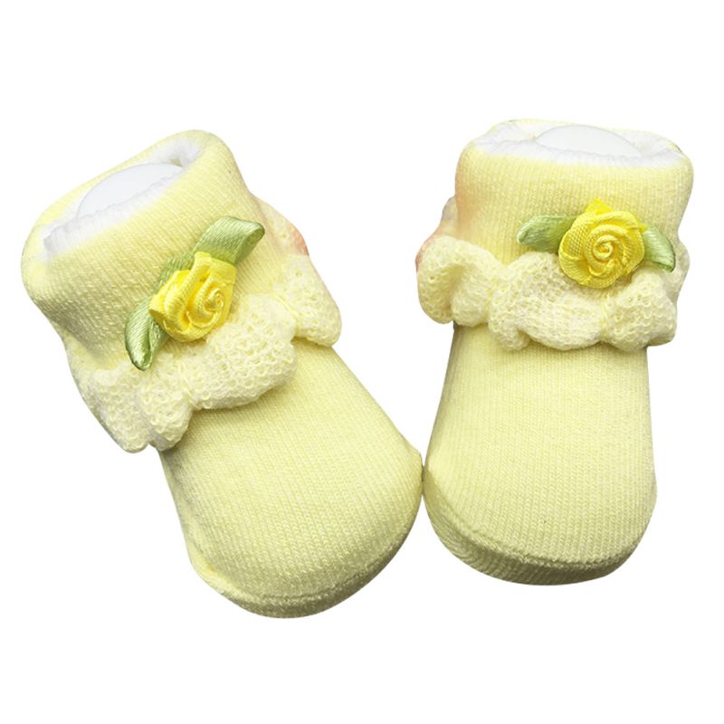 Zachte Geboren Baby Baby Jongen Meisje Katoenen Sokken 0 ~ 6 Maand Bloem Kant Sokjes: Geel