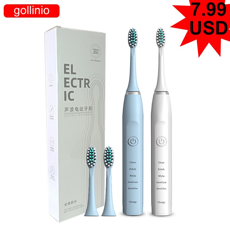 gollinio Sonic Electric Toothbrush Adult Timer Brush 5 Mode USB Charger Rechargeable Tooth Brushes Replacement Heads Set GL12A