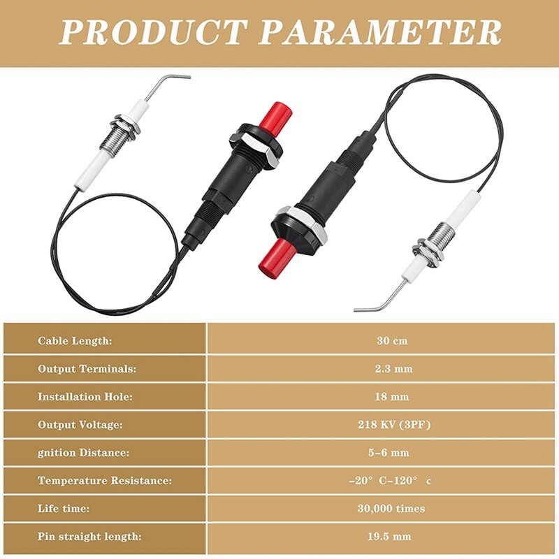 AU -4 Pieces Propane Push-Type Piezo Igniter Kit with Threaded Ceramic Electrode Ignition Plug Wire 30 cm for Gas Grill