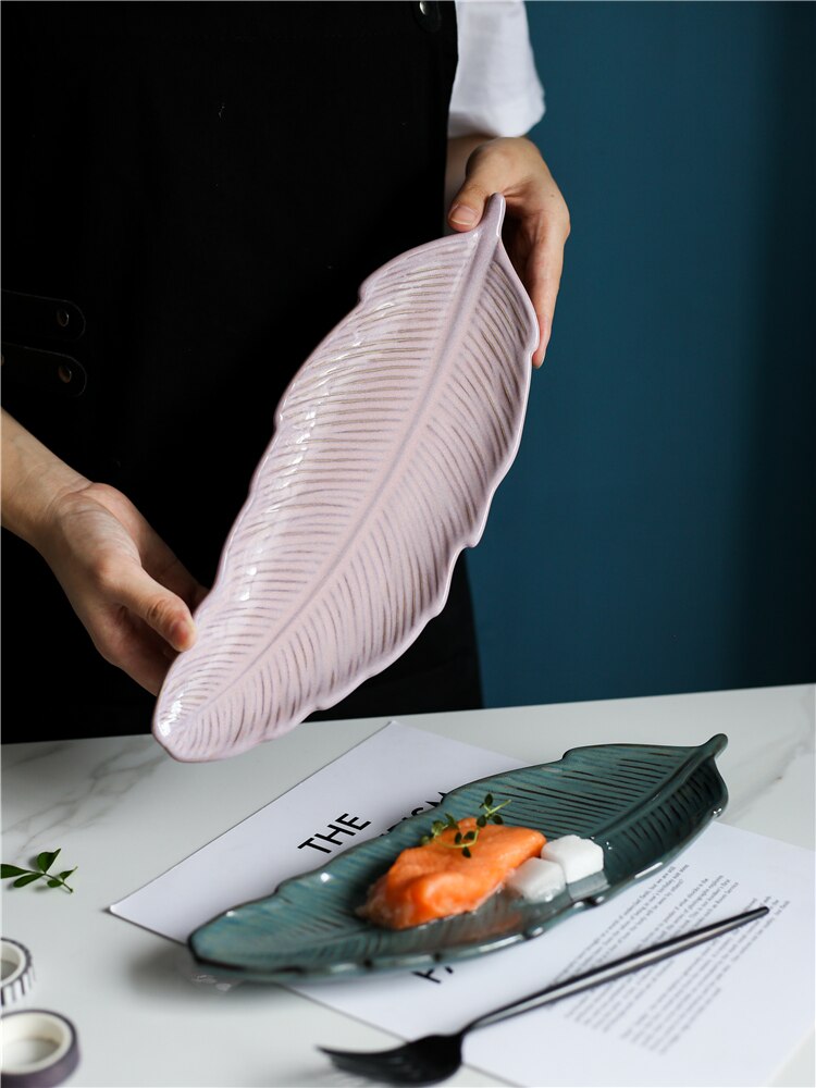 Plato de hoja de Sushi, vajilla de cerámica artística para el hogar, simple, japonés, largo, con personalidad creativa