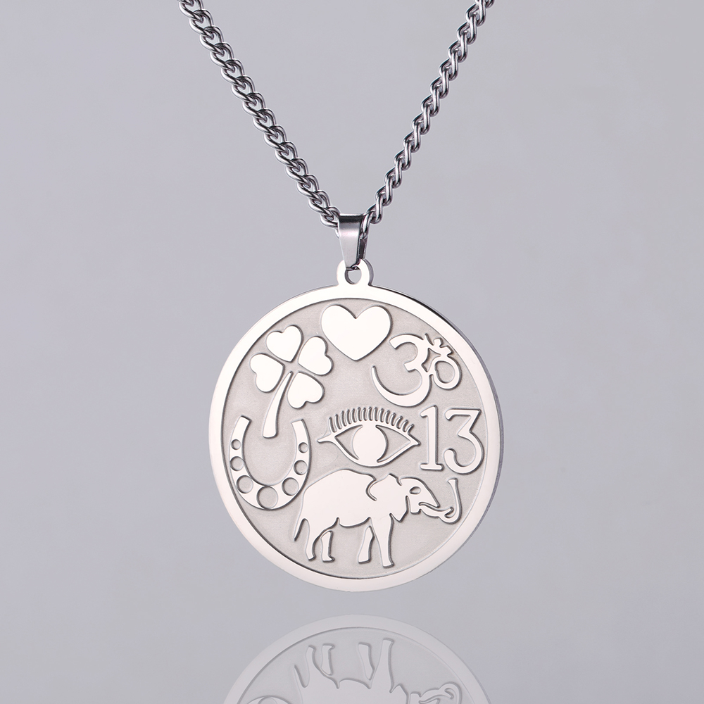 Colar de homens Sorte Elephant Medallion colar poderoso amuletos de proteção Quatro folhas Clover Ohm Symbol Horseshoe Evil Eye colar jóias de aço inoxidável