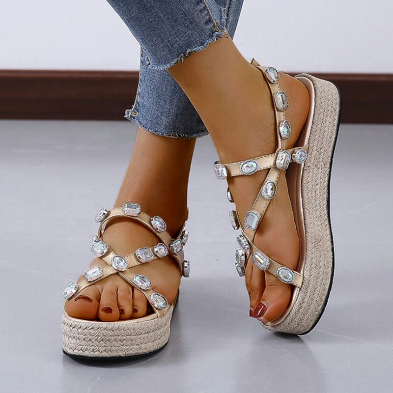 Open teen strappy slingbacks platte sandalen met grote strass steentjes voor dames met hoog platform