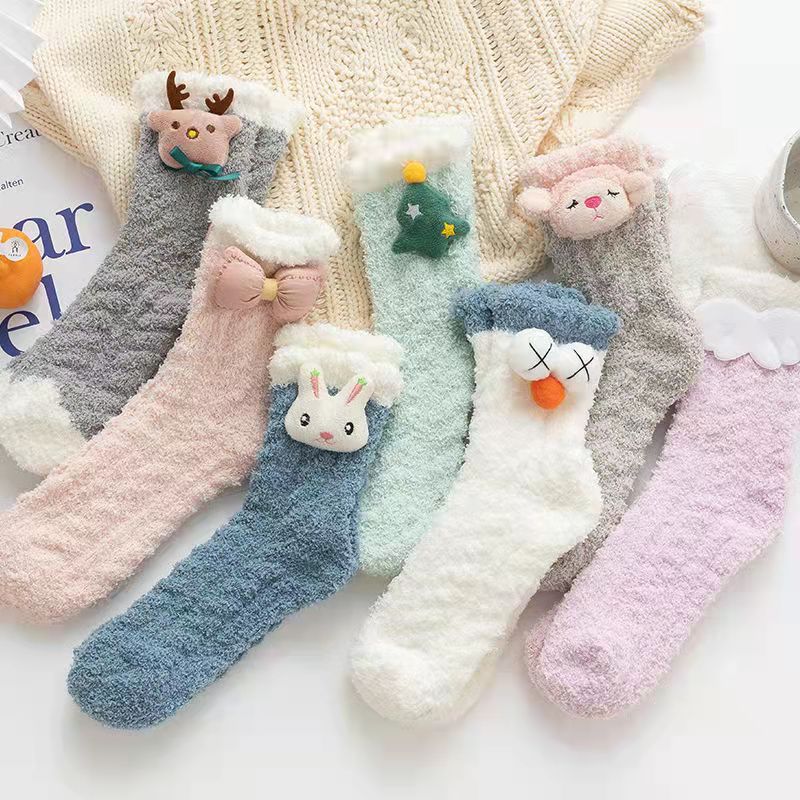 Coral Fleece Women Socks Bow rabbit Bear Candy Winter Thickening Cute Mid-tube Sock Ladies Home Bed Floor Slipper Sox