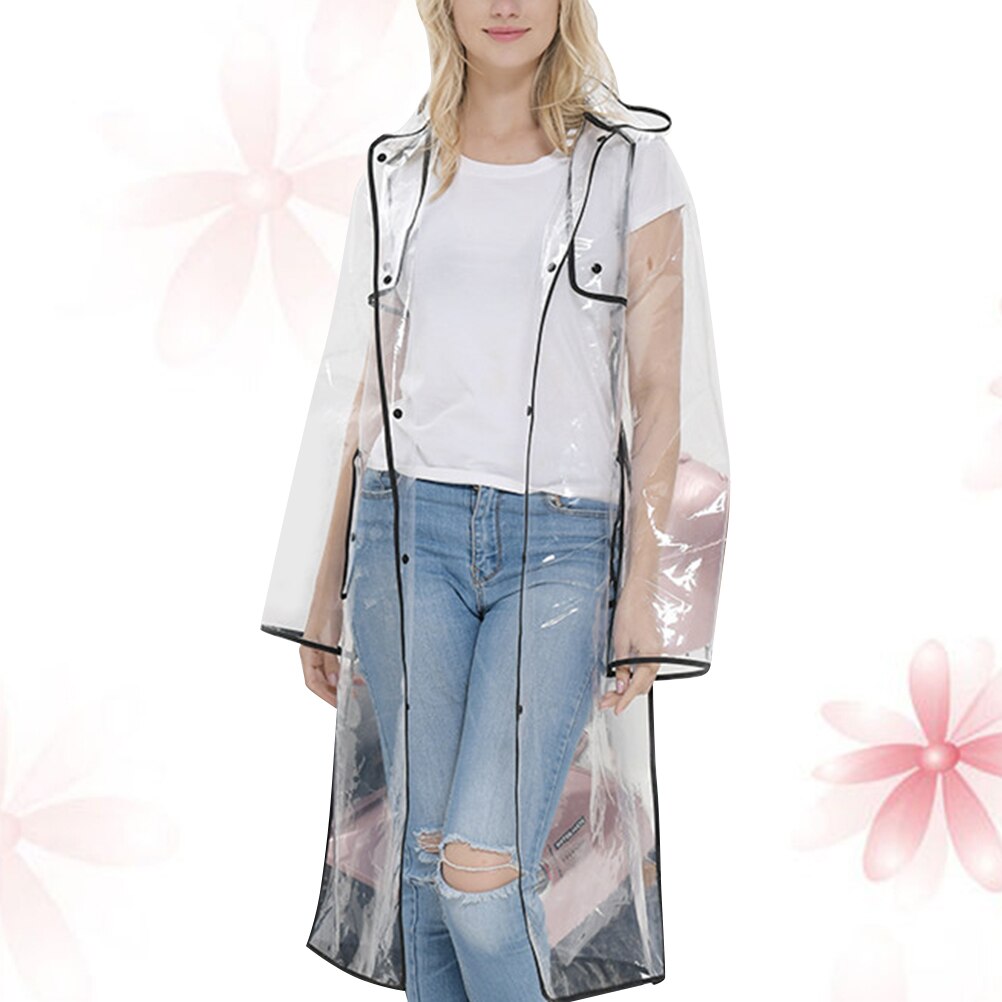 1 Pc Transparent Raincoat Thicken Mid-long Lovely Black Edge Slicker Hooded Rain Coat for Adults Female
