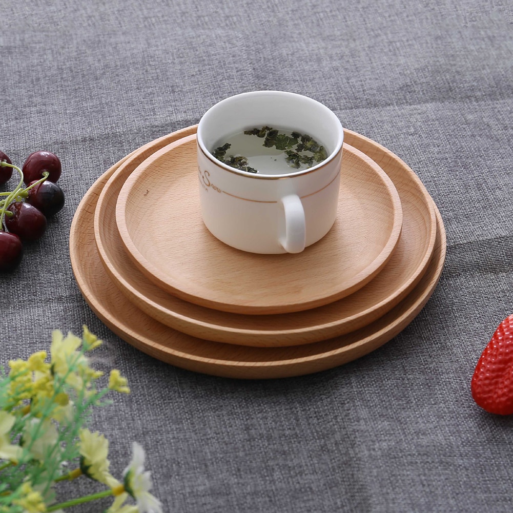 Platos de madera de haya redondos antideslizantes para desayuno, bandeja para tortitas, bandeja para aperitivos, soporte para fruta, madera sólida rota, Dishe