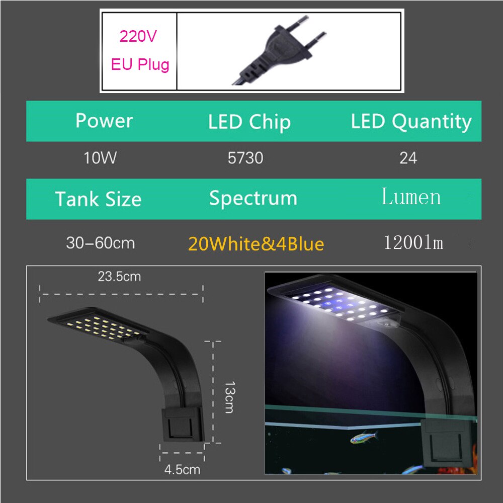 Akvarijné svetlo do akvária vysadené akvárium 10w/5w led svetlo do akvária led osvetlenie proti zahmlievaniu pripínacia lampa luces: X5 b- bw eu-zástrčka