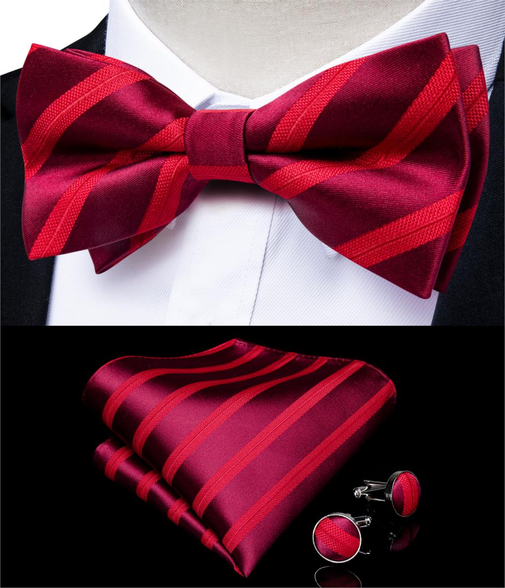 Formal dress Red Striped Paisley Wedding Bowtie Men Bow Tie set Butterfly Tie Pocket Square Cufflinks Cadeau Homme DiBanGu: HL-0140