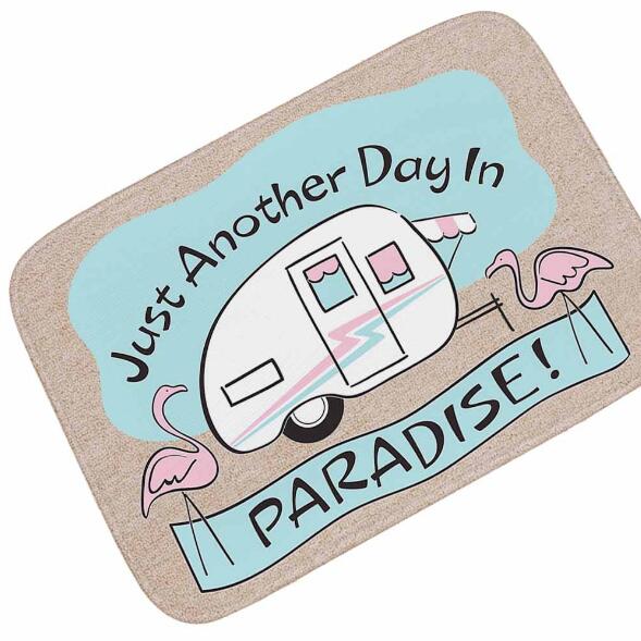 Retro vintage campingvogn velkomstdørmatte rosa flamingo paradis reise dørmatte teppe teppe tykt flanell hjemmeinnredning