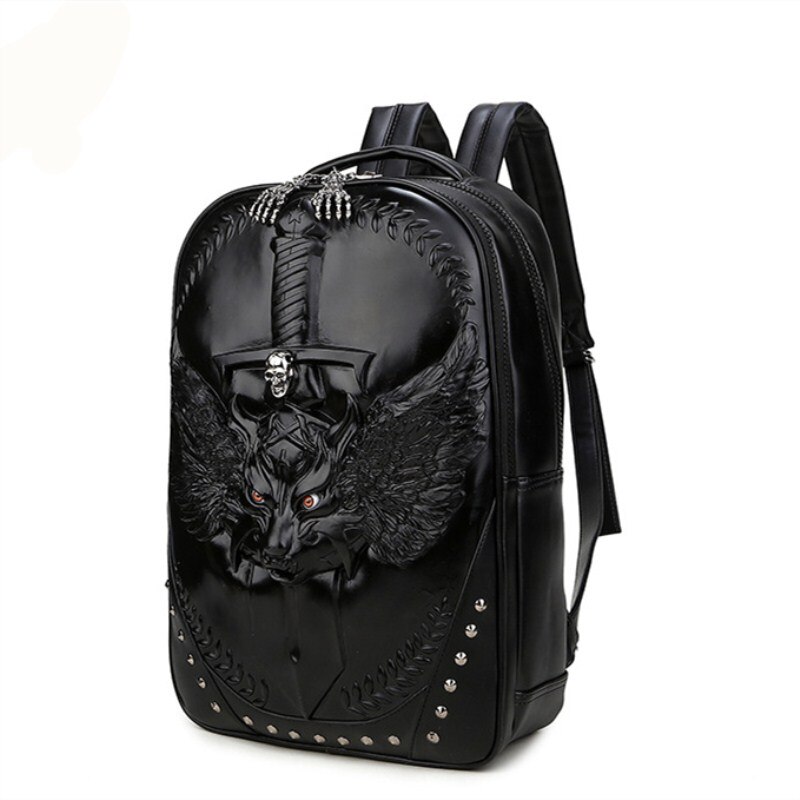 Rock style 3d ulv unisex rygsæk pu læder rygsæk vandtæt mænd kvinder taske skole drengetasker: Sort