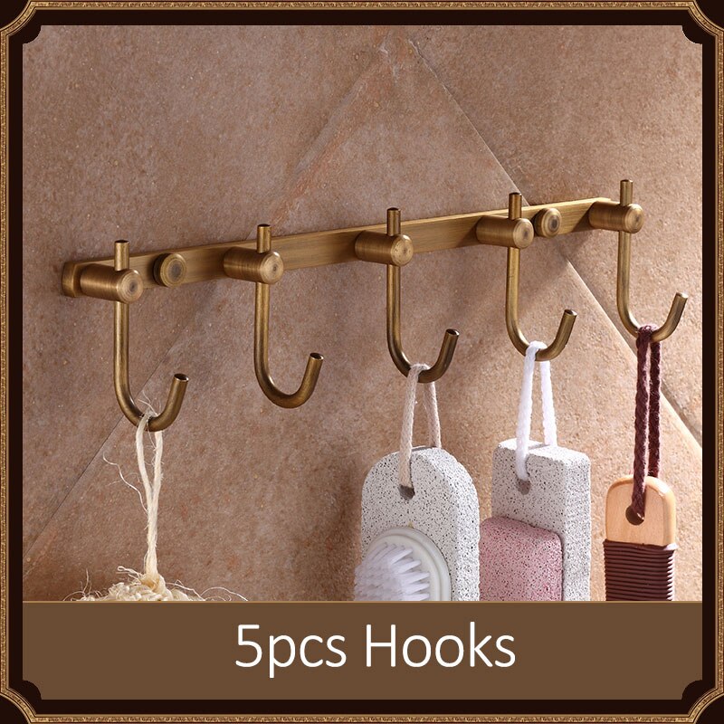 Quyanre Antique Brushed Brass & Porcelain Bathroom Hardware Towel Shelf Towel Bar Paper Holder Cloth Hook Bathroom Accessories: 5pcs Hooks