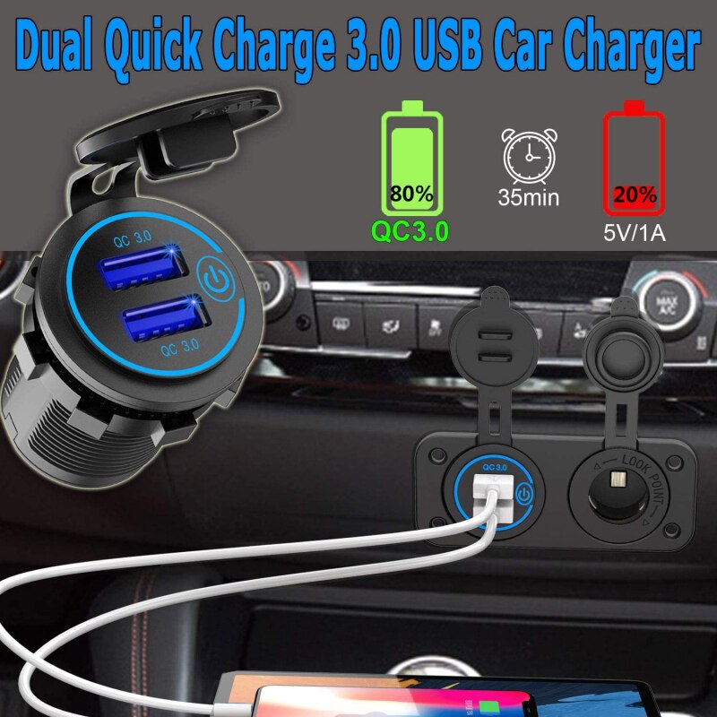 Dual USB Car Charger Quick Charge 3.0 USB Car Socket For 12V / 24 V Cars, Ships, Motorcycles, Trucks With Touch Switch Dropshipp