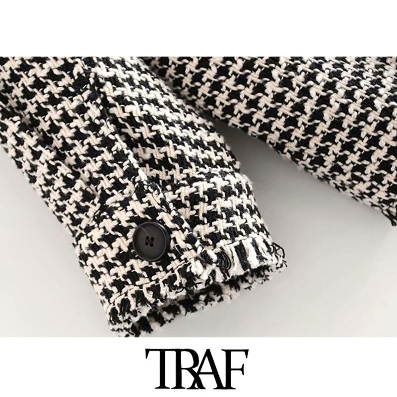 Traf Vrouwen Vintage Stijlvolle Gerafeld Kwastje Oversized Tweed Plaid Jas Mode Lange Mouwen Pockets Bovenkleding Chic Tops