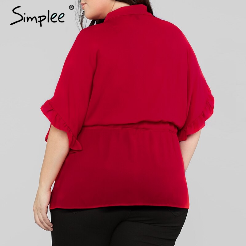 Simplee flæse plus size damebluse løse korte ærmer sashes kvindelige skjorte top afslappet kontor solide toppe og bluser