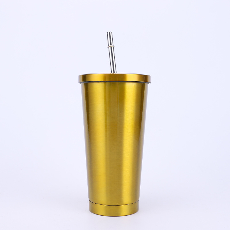 Vacuum Insulated Mug Stainless Steel Thermos Cup Car Coffee Milk Tea Drinking Cup With Straw: Yellow