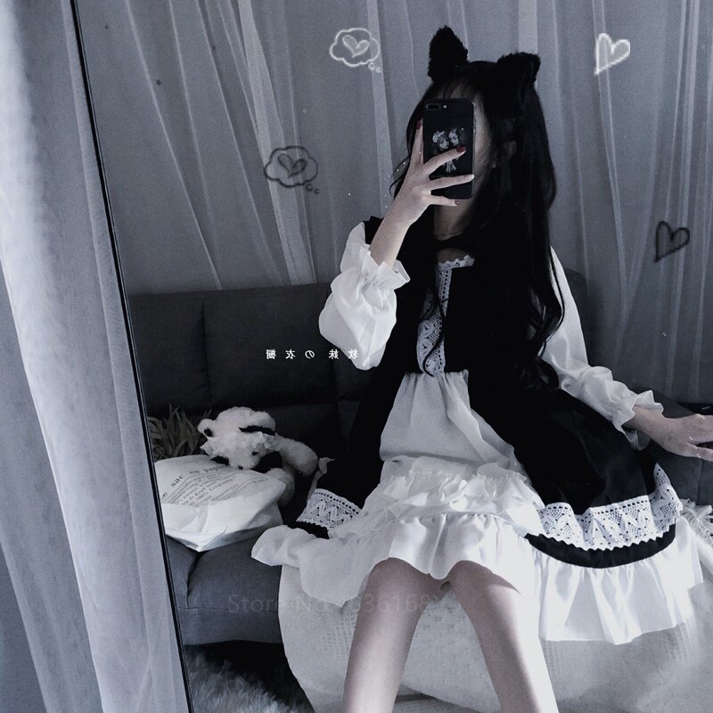 Vestido gótico japonés de Lolita para mujer, ropa europea, Punk, gótico, vestidos victorianos, Kawaii, Lolita, para chicas Harajuku Medieval: Color1