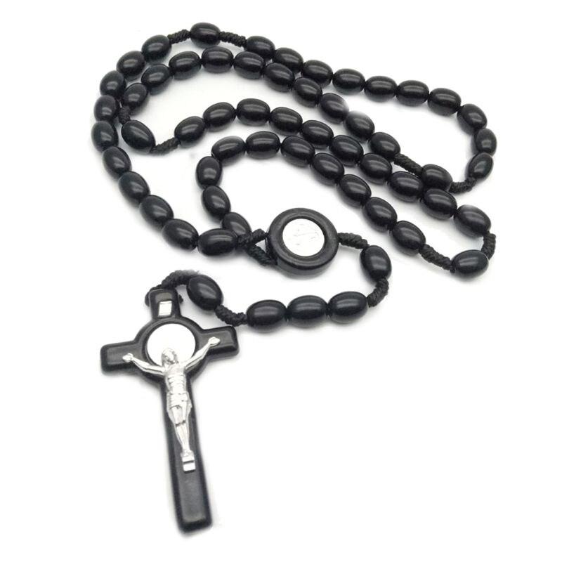 Jezus Houten Kralen 8mm Rozenkrans Bead Kruis Hanger Ketting Geweven Touw Ketting Sieraden Accessoires: Black