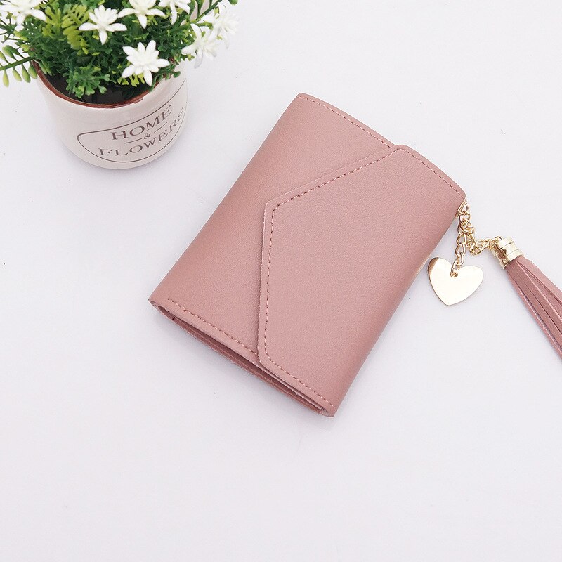 Women Tassel Love Heart Mini Wallets Black Pu Leather Coin Purse Simple All-match Student Card Holdeer Bag: Tassel Light Powder