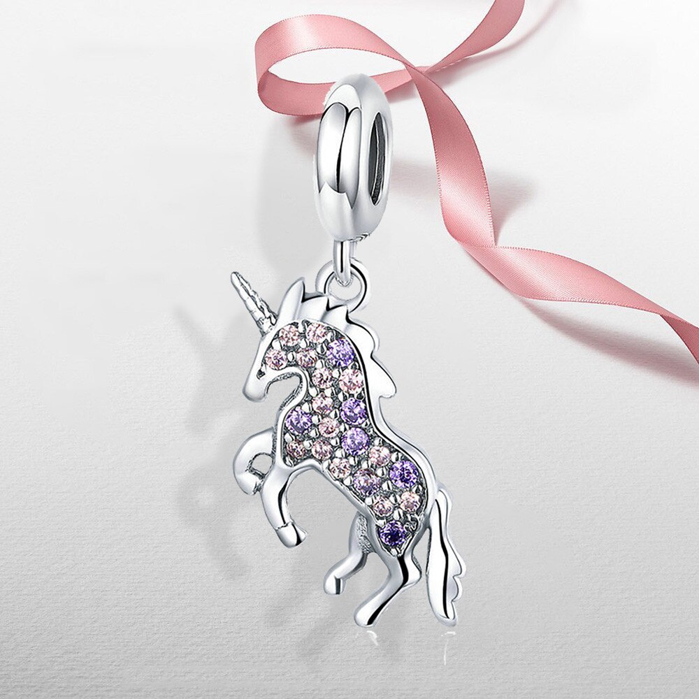 Echt 925 Sterling Silber charme Einhorn Baumeln charme Funkelnden CZ anhänger passen Original 3MM Halskette für frauen