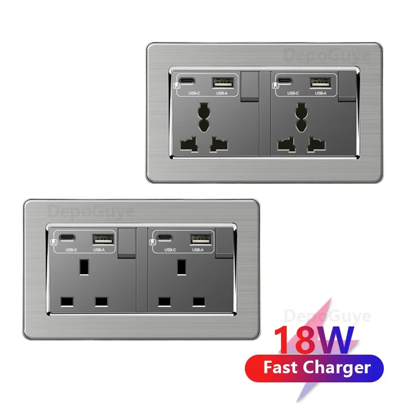 Universal Wall Light Switch Brushed Stainless steel Panel,UK Type-c 18W Quick Charging Socket 220V Double USB Electrical Outlet