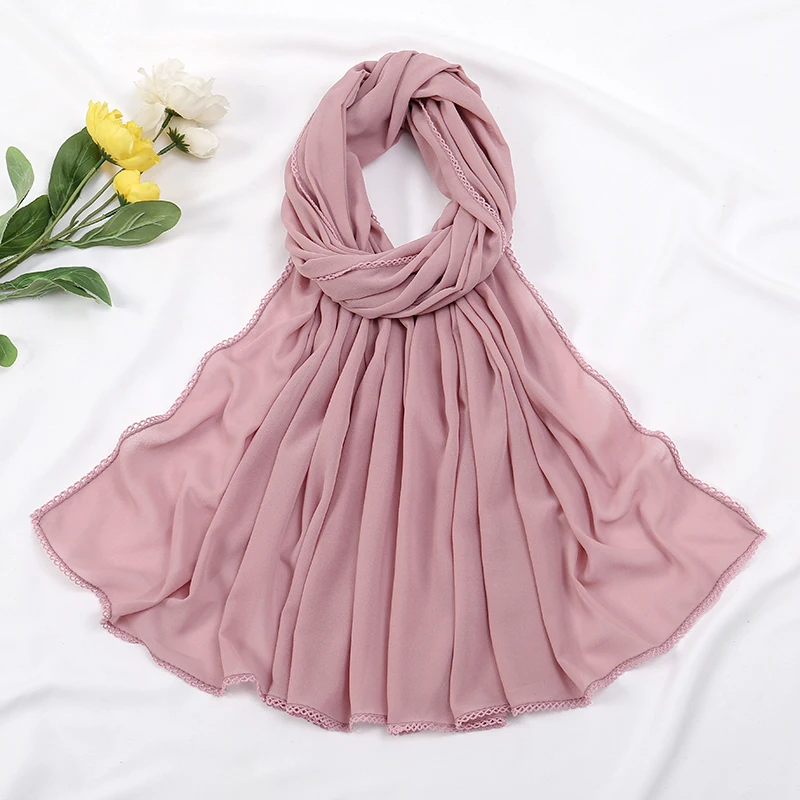 Premium Chiffon Hijab Sjaal Voor Vrouwen Tulband Sluier Kant Stiksel Sjaals Moslim Hijaabs Effen Kleur Vrouw Hoofddoek Sjaal Ramadan: GOLD
