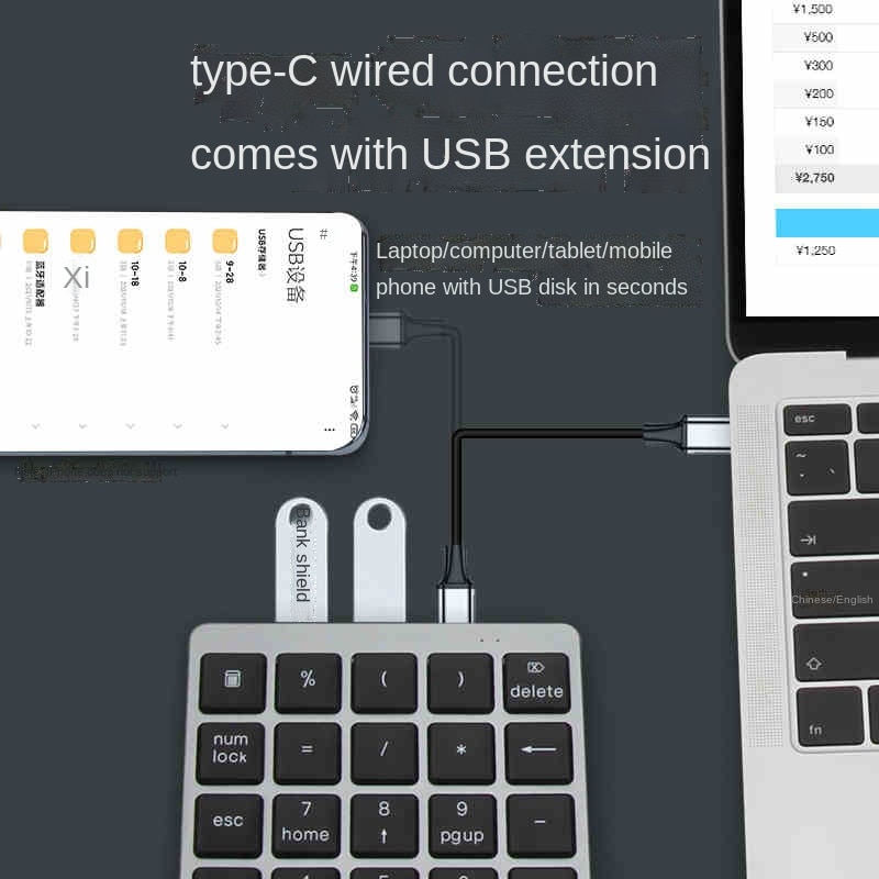 Numeric Keypad Wireless Digital Keyboard Bluetooth-Compatible Aluminium with USB Ports hub For Windows Laptop Computer Phone