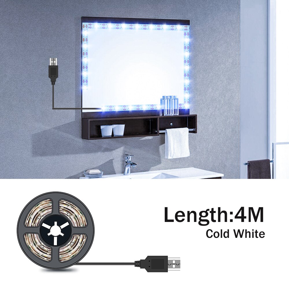Luz LED para espejo de tocador de maquillaje, lámpara de belleza alimentada por USB para iluminación de decoración del hogar, 1M, 2M, 3M, 4M, 5M, 5V: 4M  Cold White