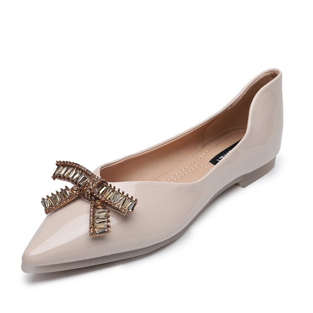 Pointed Toe Flats Patent Leather Creepers CRYSTAL Butterfly-knot Harajuku Shoes Ladies Flat Shoes Espadrilles Spring Shoes Women: Beige / 5