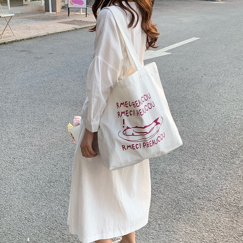 Women Canvas Shopping Bag Large Capacity White Cotton Fabric Shoulder Bag Ladies Handbag Casual Tote Foldable Bags For Groceries