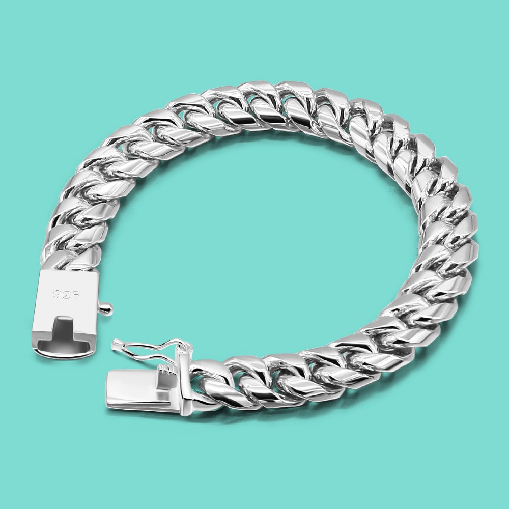 West Coast Classic Hip Hop Silver Accessories Men 925 Sterling Silver Bracelet 10MM Cuban Chain Solid Silver Jewelry Safe Buckle