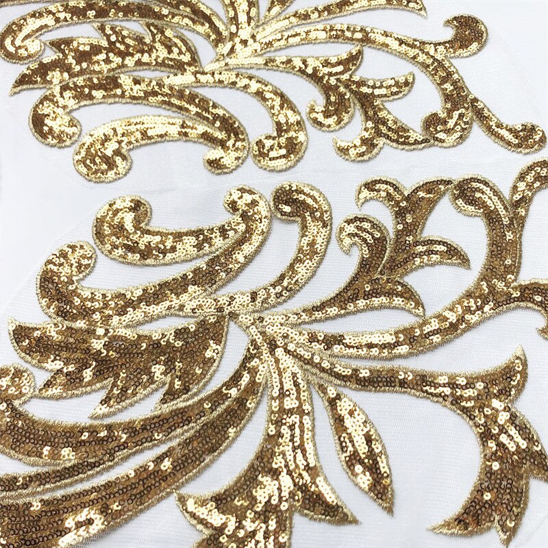 1 set 42cm guld paljetter spets tyg applikationer sy på lappar mesh bröllopsdekoration handgjorda broderier för brudens aftonklänning