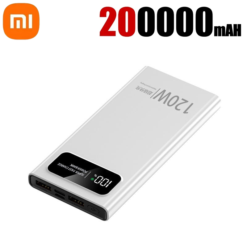 120W Super Fast Charging Power Bank With LED Digital Display 200000mAh Large Capacity External Battery Portable For phones: Silver