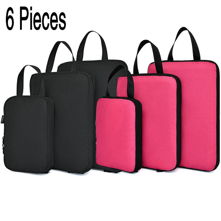 Soperwillton Compression Packing Cubes Set For Travel 3 Sizes 3 6 Pieces Travel Luggage Packing Organizers Accessories #9004: 6pcs Black and Rose