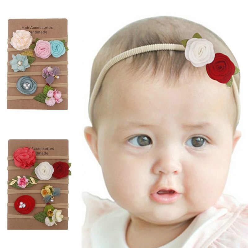 6 stk/sett blomst baby pannebånd nylon elastisk nyfødt barn pannebånd hårbånd for jenter turban perler baby hår tilbehør