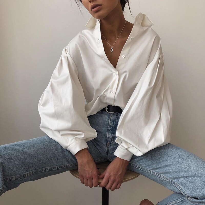 Aonibeier Lady Shirt Exaggerated Lantern Sleeve Button Front Women Casual Blouses Spring Autumn Loose White Shirts Tops: White / L