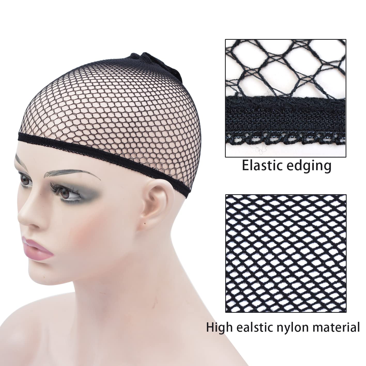 Gorro de malla para peluca, red elástica para el cabello negro, red elástica para peluca de rejilla con extremo abierto, gorro de malla transpirable para accesorios de peluca