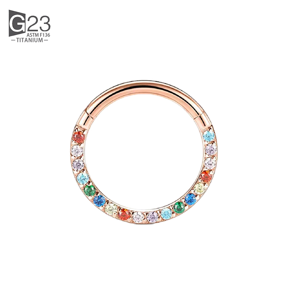100% G23 anillo de titanio para la nariz para mujer pequeño tabique Nasal cartílago aro pendiente Piercing 16 gramos frontal Lnlaid Rainbow CZ bisagra: Verde / Rodio plateado