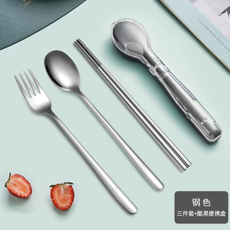 304 Stainless Steel Chopsticks Spoon fork Set Cutlery Set Flatware Set Tableware Soup Spoon Portable Cultery With Box: Stainless-3PCS-Black