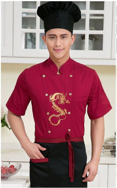 Chinese style Short -sleeve Chef service Embroidered dragon Hotel working wear Restaurant chef jackets Chef uniform: Red / XXXL