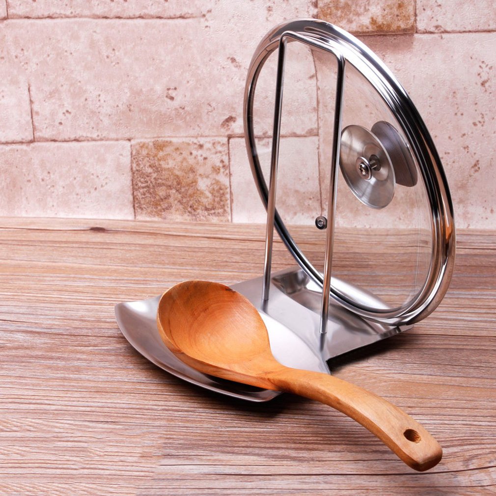Gryde låg låg stativ rustfrit stål skeholder køkken tilbehør værktøj komfur arrangør opbevaring suppe hjem anvendelse