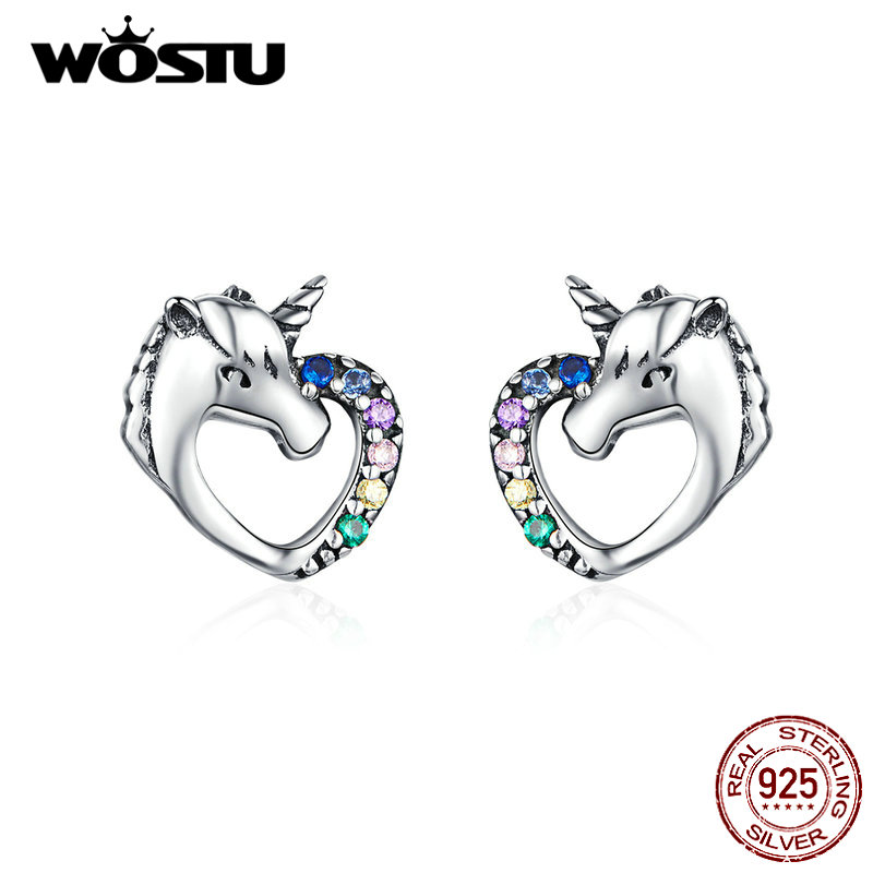 WOSTU Einhorn Herz Zucht Ohrringe 925 Sterling Silber Multi-Farbe CZ Ohrringe Für Frauen Hochzeit Luxus Schmuck CQE611